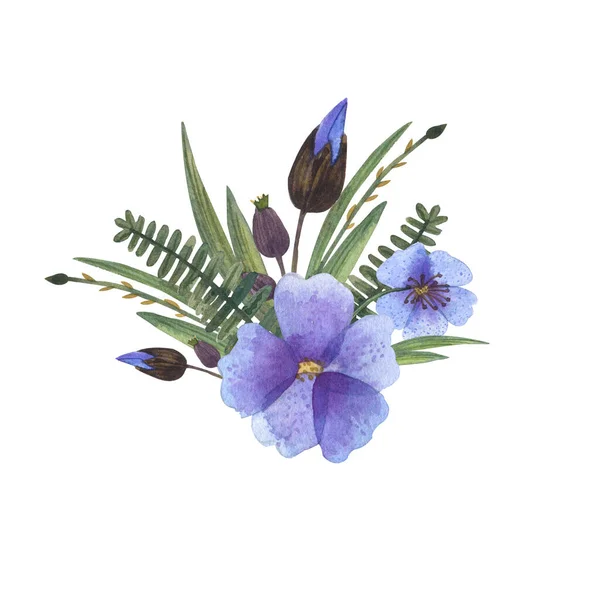 Buquê de composição floral de flores violetas azuis selvagens e ervas ilustração mão desenhada com aquarelas com flores azuladas, botões, hastes de ervas e folhas verdes — Fotografia de Stock