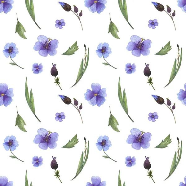 緑の花、蕾、茎、緑の葉などの水彩で描かれた野生の青紫色の花やハーブのイラストの手の花のシームレスなパターン — ストック写真