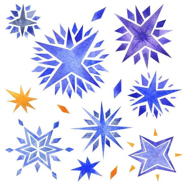 Acuarela azul estrella copo de nieve conjunto de elementos —  Fotos de Stock