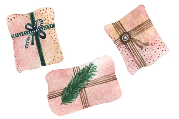 Watercolo set cadeautjes met linten en kerstelementen — Stockfoto