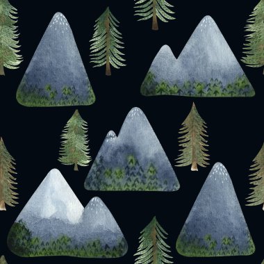 Dağlarda farklı şekillerde dağlarda kayak tatilleri hakkında suluboya desenleri, çam ağacı donanması.