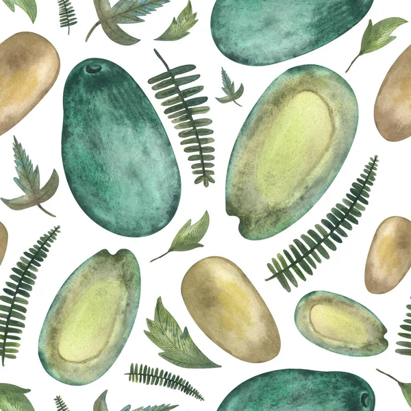 Wzór bezszwowy akwarela z kawałkami awokado i ziołowe ilustracje liści w kolorze zielonym, emeral, beżowym, żółtym — Zdjęcie stockowe