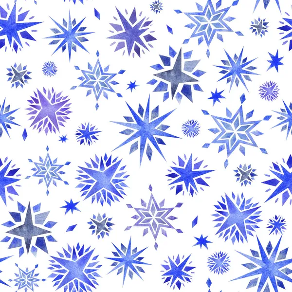 Acuarela azul y púrpura estrellas y copos de nieve patrón sin costuras —  Fotos de Stock