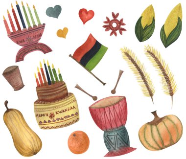 Kwanzaa kutlaması, motifler, geleneksel tatil için suluboya büyük çizimler. Beyaz arkaplan. 