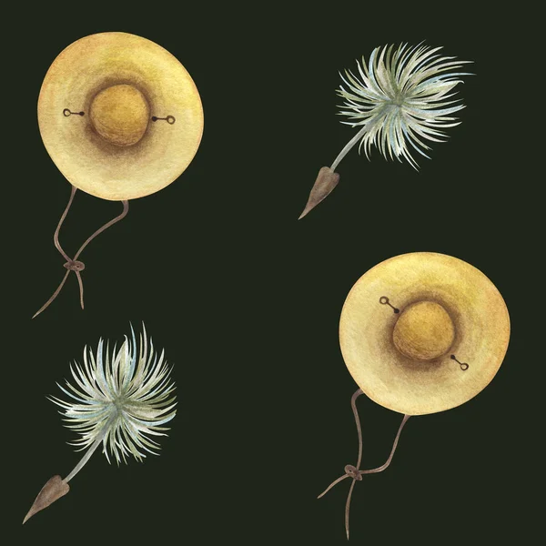 Ilustração de padrão sem costura aquarela de um chapéu de verão de palha e planta fluff — Fotografia de Stock