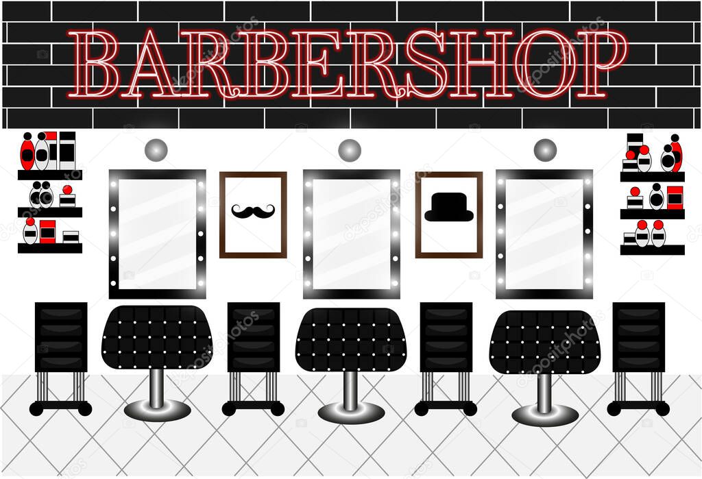 Barbershop hair salon interior and hairdressers and work.