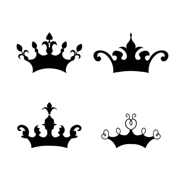 Uppsättning svarta kungliga kronor och bricka isolerad på vit bakgrund. Emblem och kungliga symboler. — Stockfoto