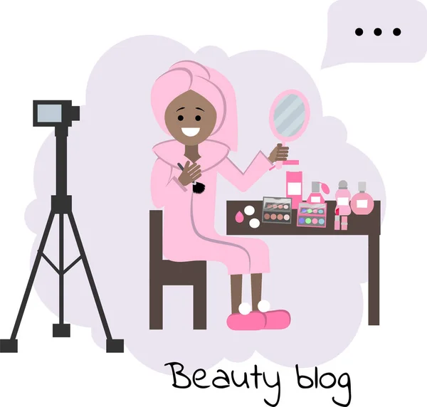 Η blogger Influencer Young μιλάει για μακιγιάζ. Μια γυναίκα που ηχογραφεί ένα βίντεο μπλογκ μιλάει για — Διανυσματικό Αρχείο