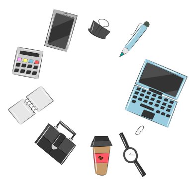 İş malları dizüstü bilgisayarı hesap makinesi. İş için akıllı telefon saati diplomatı.