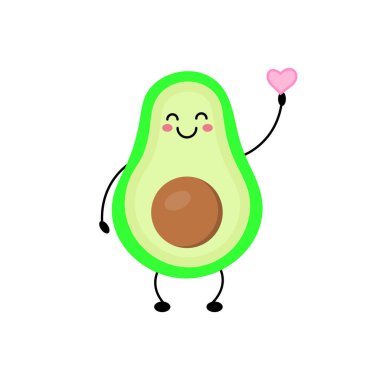 WebAvocado 'nun elinde kawaii tarzı bir kalp tutması komik. Avokado ve dilimlenmiş avokado..
