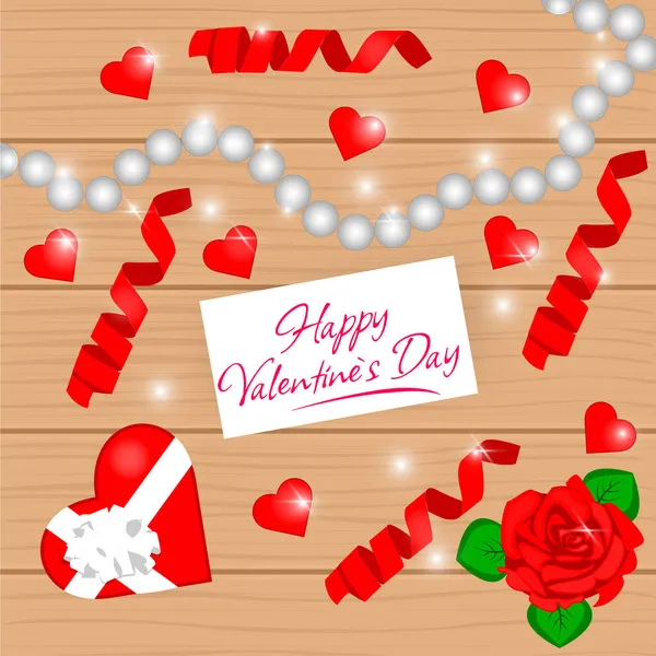 木製の背景に赤い心を持つバレンタインデーの碑文。休日と愛の概念. — ストック写真