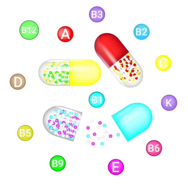 Realistisk kapselbanderoll. Läkemedel, vitaminer och läkemedel infografik Vitaminer och struktur. — Stock vektor