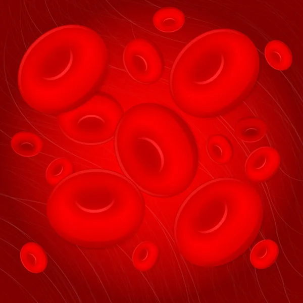 Menselijk bloed onder een microscoop erytrocyten, op een rode achtergrond. — Stockvector