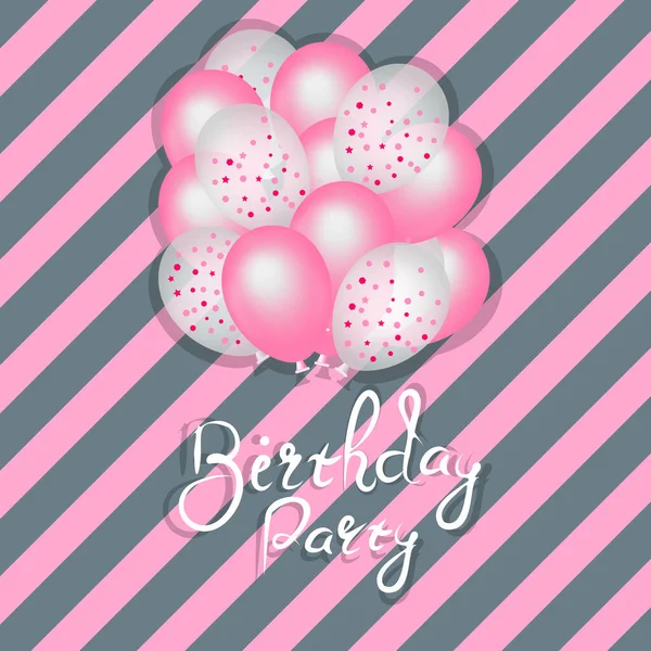 Palloncini per feste di compleanno rosa e con coriandoli luminosi, invito, modello di biglietto di auguri — Foto Stock