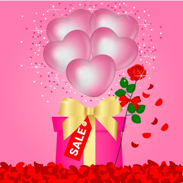 Walentynki zniżki z balonami serca pudełko prezentów i Walentynki wzrosła. ilustracja. — Zdjęcie stockowe