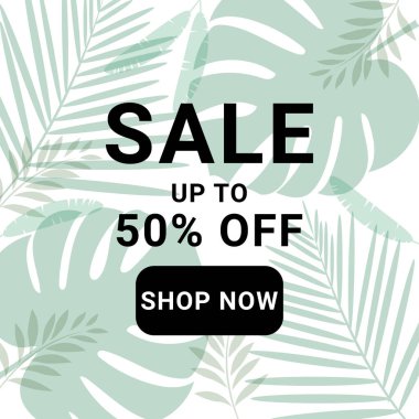 Palmiye yaprakları ve canavar yaprakları indirimli, trendler. Şirketinizi tanıtmak ve tanıtmak için lüks bir tasarım. Moda tarzı.