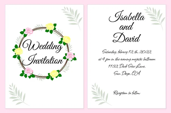Convite de casamento texto editável com flor de rosa, folhas. Conceito de decoração de casamento. — Vetor de Stock