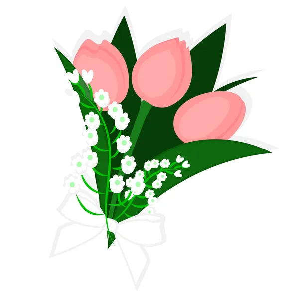 Tre bouquet di tulipani rosa con piccoli fiori bianchi su sfondo bianco isolato con percorso di ritaglio. Per il design. Natura. — Vettoriale Stock