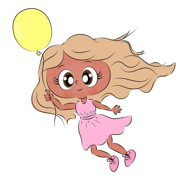 Šťastná holčička létání horkovzdušný balón charakter držení horkovzdušný balón — Stockový vektor