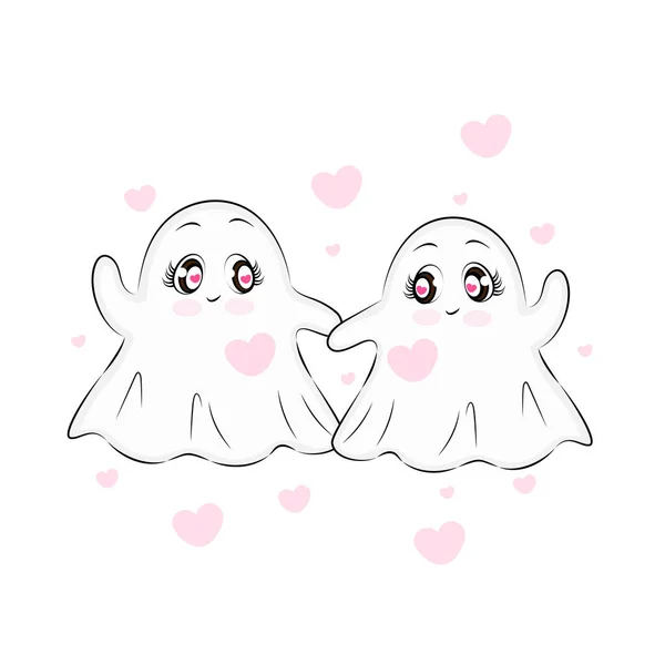 Fantasmas lindo divertido Linda pareja enamorada Linda pareja de dibujos animados enamorados Dos mitades con corazón para San Valentín Día camiseta decoración tarjeta de embalaje imprimir — Archivo Imágenes Vectoriales