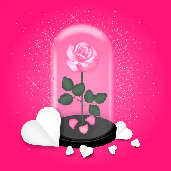 Роза под стеклянным куполом конфетти бумага в форме сердца элементы на розовом фоне Векторные символы любви к счастливым женщинам мама День Святого Валентина дизайн поздравительных открыток. — стоковый вектор
