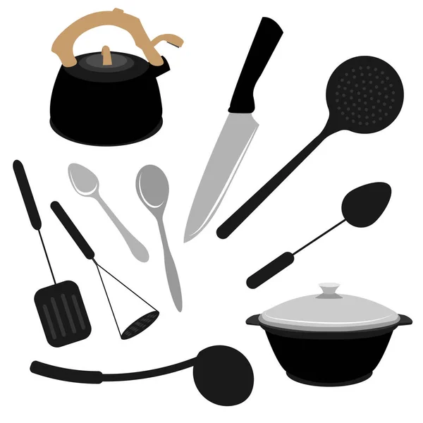 Κουζινικά σκεύη που επίπεδη μαχαιροπήρουνα κουτάλια πιρούνια μαχαίρι κουτάλα τσαγιέρα κατσαρόλα εργαλεία μαγειρέματος επίπεδη στυλ μαγειρέματος εξοπλισμός απομονωμένα αντικείμενα — Διανυσματικό Αρχείο