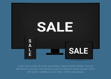 Dijital teknolojide indirim akıllı telefon TV ekranı ve modern alışveriş promosyonu için düzenlenebilir metin içeren tablet modern ekran modern tasarım