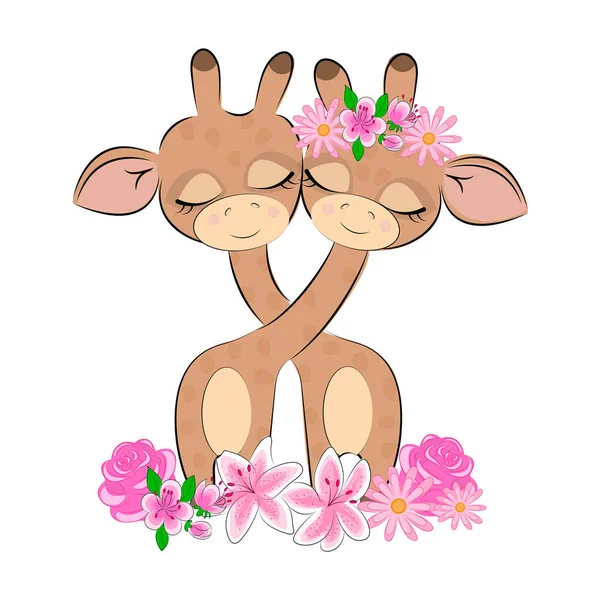 Girafes Saint Valentin encollés Couple d'amoureux mignons girafes avec les yeux fermés avec de jolis cils avec des fleurs belle image Saint Valentin — Image vectorielle