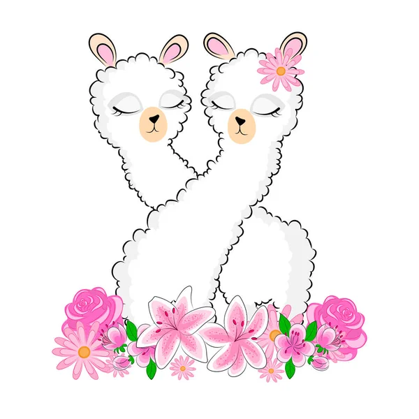 Llamas Día de San Valentín envolver sus cuellos Un par de amantes lindos Llamas con los ojos cerrados con pestañas lindas con flores hermosa tarjeta San Valentín impresión textil Día — Vector de stock