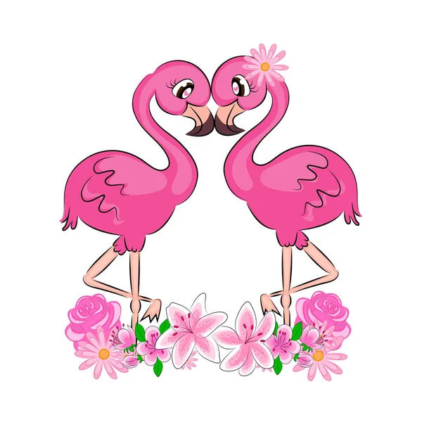 Flamingi Walentynki Para uroczych kochanków różowe flamingi z uroczymi oczami z rzęsami z kwiatami piękna kartka Walentynki nadruk na tekstyliach na koszulce na opakowaniu — Wektor stockowy