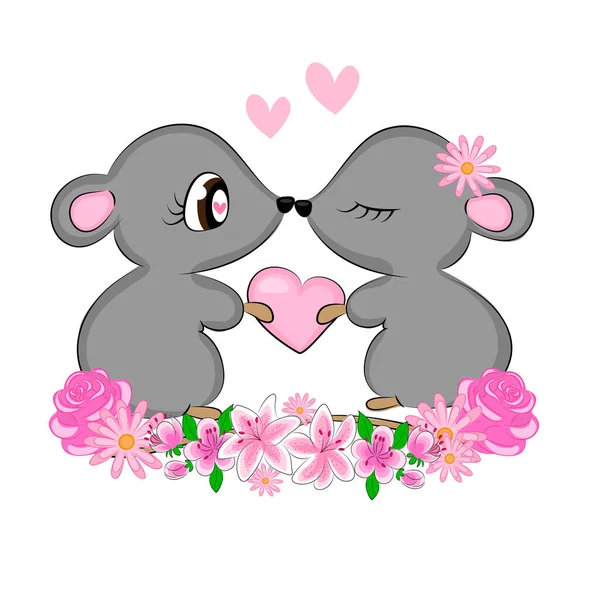 Verliebte Mäuse niedliche Illustration von Ratten mit Blumen zum Valentinstag Postkartendruck auf Textilien Verpackungsdesign Druck auf T-Shirt Liebe Kinder Illustration — Stockvektor