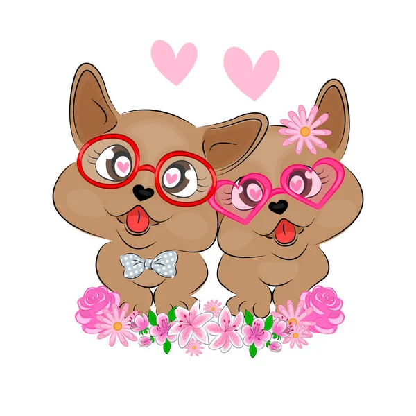 Hondjes paar in liefde schattig illustratie van honden het dragen van een bril met bloemen voor Valentijnsdag kaart textiel print verpakking decoratie t-shirt print liefde kinderen illustratie — Stockvector