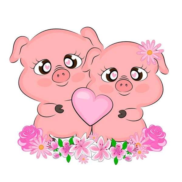 Varkens paar in liefde schattige illustratie van varkens met bloemen voor Valentijnskaart textiel print verpakking decoratie t-shirt print liefde kinderen illustratie — Stockvector