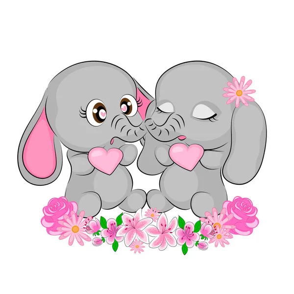 Olifanten paar in liefde schattig illustratie van olifanten met bloemen voor valentijnskaart textiel print verpakking decoratie t-shirt print liefde kinderen illustratie — Stockvector
