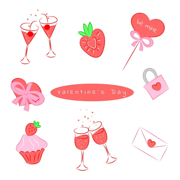 Valentines day set of cute hand-drawn stickers in doodle style champagne hearts cupcake print on textiles postcard packaging decoration — Stock Vector