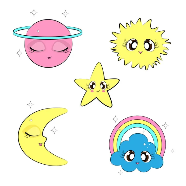Conjunto de ilustraciones para niños Símbolos celestiales y meteorológicos dibujados a mano Sun Moon Saturn cloud rainbow star print en textiles para envasar en una postal en una camiseta — Archivo Imágenes Vectoriales