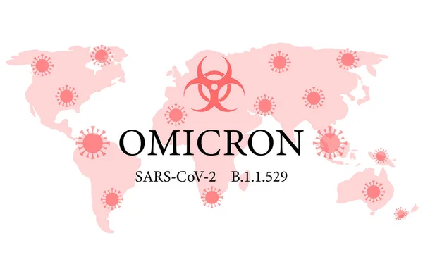 Omicron B.1.1.529 es una nueva variante del virus COVID-19 SARS-CoV-2 mutado por riesgo biológico en un mapa de infografía mundial de demostración encontrado en Sudáfrica. — Vector de stock