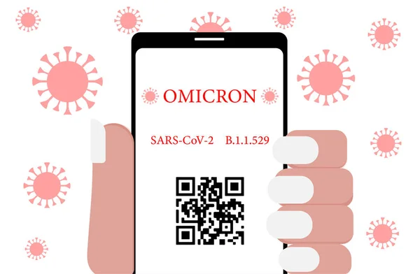 Omicron 'un yeni nesil Coronavirus eli, izole edilmiş beyaz arka planda akıllı telefon tarzında. Sağlık pasaport sertifikası covid QR kodu elinde. Koronavirüsler izole beyaz arka planda..
