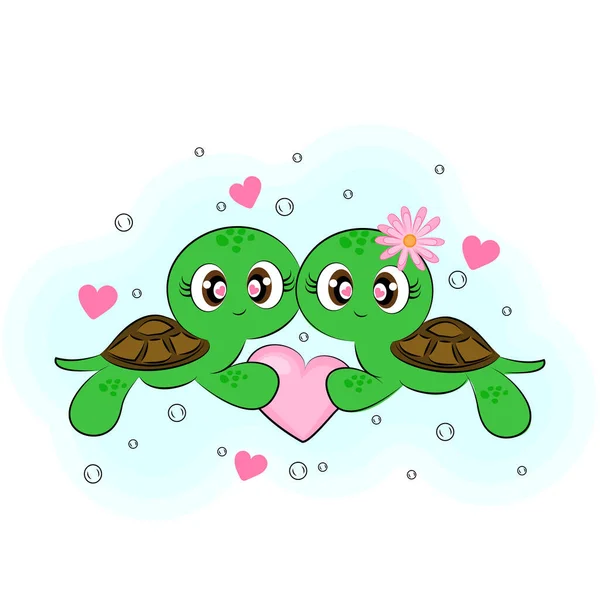 Żółwie słodkie postacie Walentynki kartka z postaciami żółwia kreskówki w wodzie z bąbelkami serca wydrukować na tekstyliach dla t-shirt prezent zawijania dekoracji słodkie dzieci ilustracja — Wektor stockowy