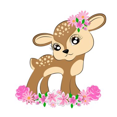 Geyik karakteri sevgililer günü kartı. Karikatür geyik bambi karakterleri. Çiçek tişörtlü tekstil baskısı hediye paketi.