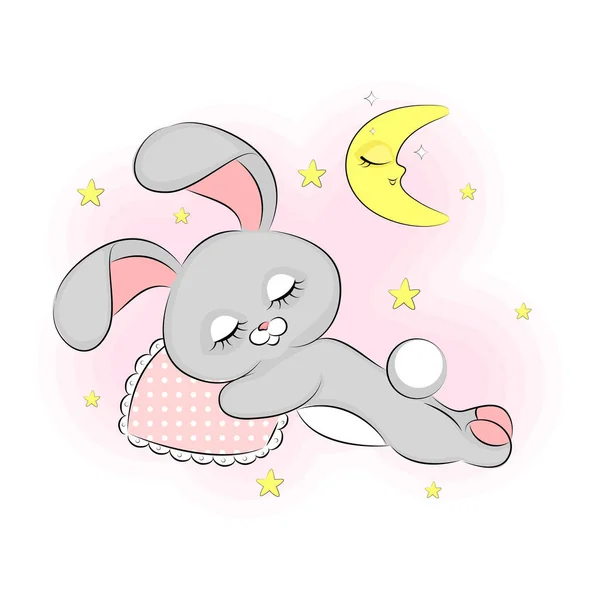 Bunny dorme su un cuscino circondato da stelle e una mezzaluna baby shower Stampa di cartoline pasquali su tessuti su una t-shirt packaging design Luminoso Carino illustrazione bambino — Vettoriale Stock