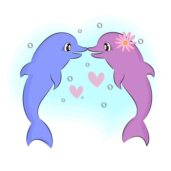 사랑에 빠져 있는 두 쌍의 돌고래의 실루엣 부부가 카드로 선물 포장을 하기 위해 직물에 인쇄 된 발렌틴 당일의 만화 인사말을 하트 모양으로 그린 그림 — 스톡 벡터