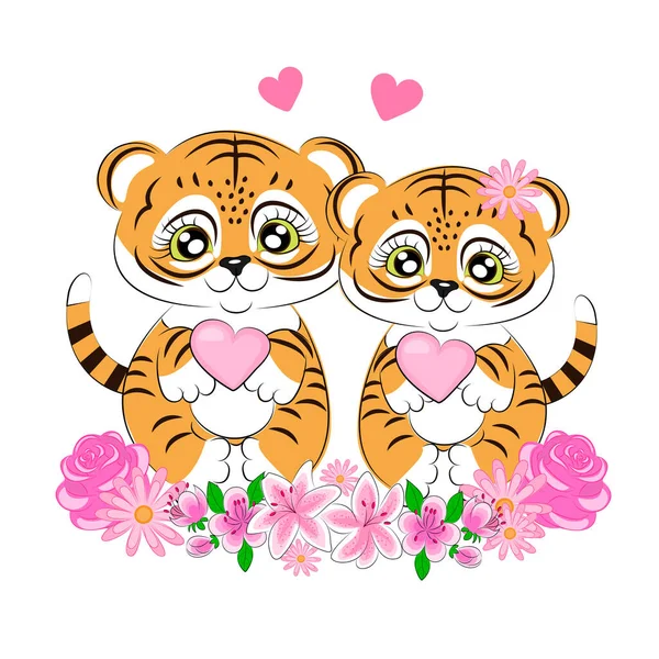 Tijger symbool van het jaar paren verliefd op een illustratie van een hartvorm wenskaart voor Valentijnsdag cartoon print op textiel voor cadeauverpakking op een ansichtkaart kinderen illustratie vector — Stockvector