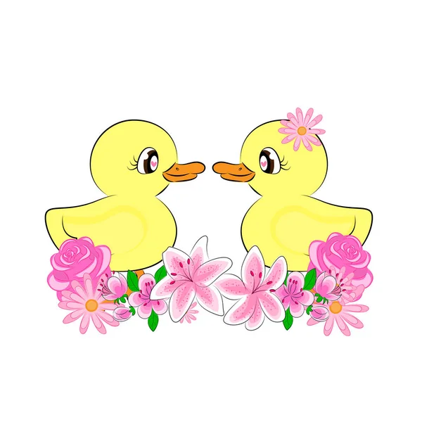 Canard couples amoureux de la Saint-Valentin en forme de coeur carte de vœux illustration dessin animé sur textiles pour emballage cadeau sur carte postale illustration vectorielle — Image vectorielle