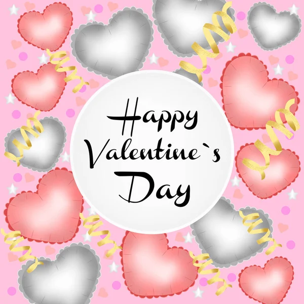 Glad Alla hjärtans dag ballonger serpentin konfetti gratulationskort design med gratulationstext och trendiga hjärtan på en rosa bakgrund redigerbar text — Stock vektor