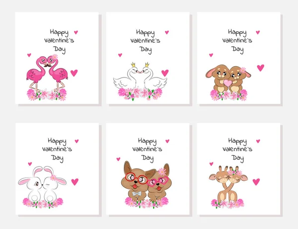 Uppsättning valentiner trend design emaljerade djur flamingos svanar harar hundar giraffer gratulationskort med gratulationstext och trendiga hjärtan på vit bakgrund redigerbar text vektor illustration — Stock vektor