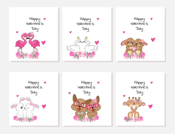 Set de valentines diseño tendencia enamorados animales flamencos cisnes liebres perros jirafas tarjeta de felicitación con texto de saludo y corazones de moda sobre fondo blanco editable texto vector ilustración — Vector de stock