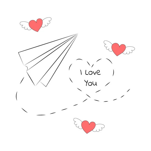 Valentines Day Paper airplane romantic line dotted Romantic heart route flight doodle style airplane Valentines Day card in one line sketch style modern trending design printing on textiles for — Stockvektor