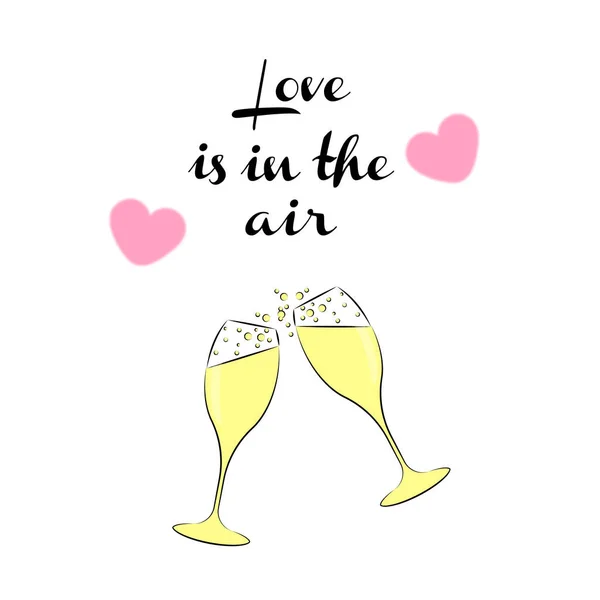 Valentines Day champagne doodle Decoration for a postcard or gift wrapping Romantic Valentines Day dinner with glasses of champagne Elements for creating a love atmosphere Vector illustration — стоковый вектор