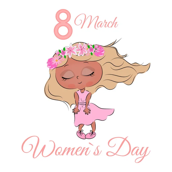 Womens Day 8 March festive card with a cute girl and number eight with flowers on a white background Template for advertising the Internet social networks and poster flyer postcard header for website —  Vetores de Stock